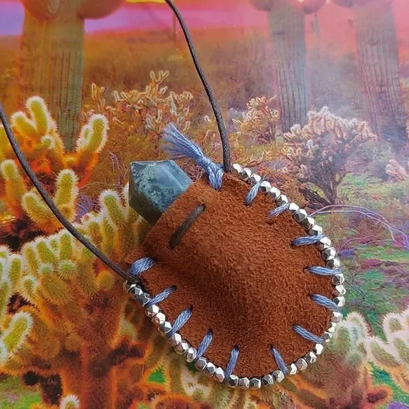 Leather Mini Mojo Bag Necklace by Rust Belt Raised Moss Agate Necklace - Picture 8 of 16